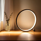 Minimalist round LED table lamp with touch control, glowing circular ring, dark stand