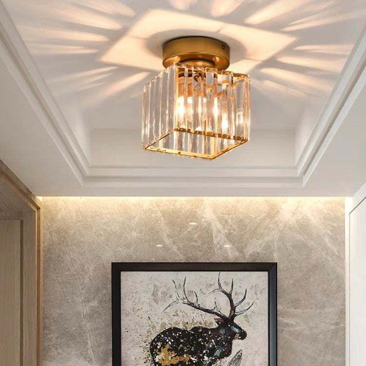 Modern Crystal Ceiling Lamp – Crystal Flush Mount Ceiling Light with Brass Fixture, Round or Square, Gold or Black – CrystalGlow