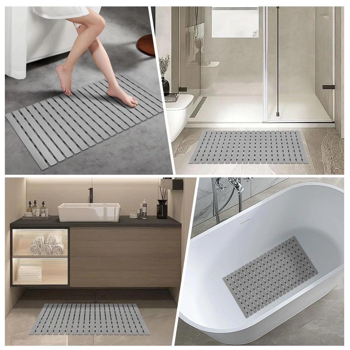 Gray non-slip bath mat with drainage holes, textured grip strips, suction-cup backing