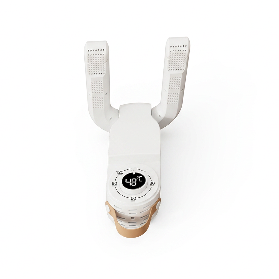 White electric shoe dryer with twin vented arms and digital temperature display