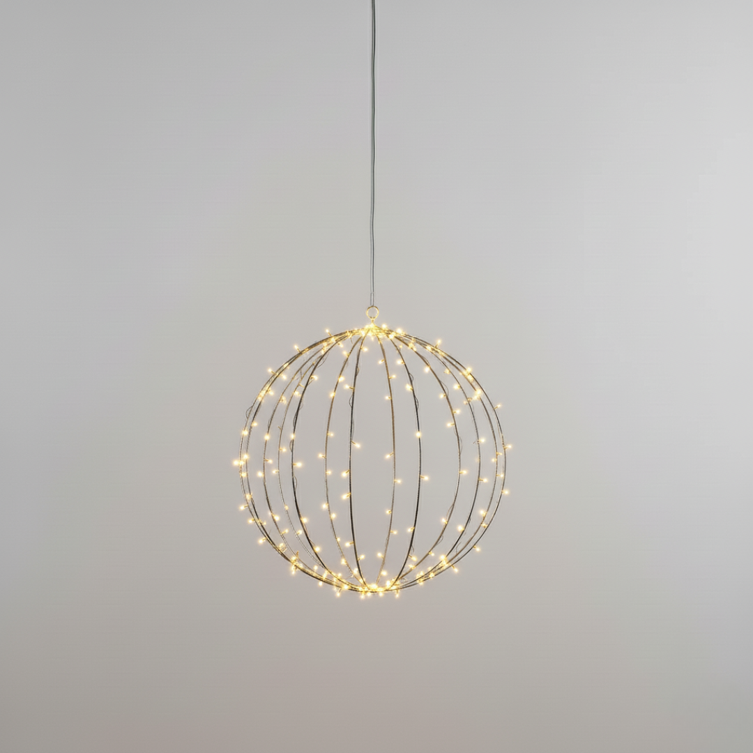 Warm white LED light-up wire sphere decoration with hanging loop top