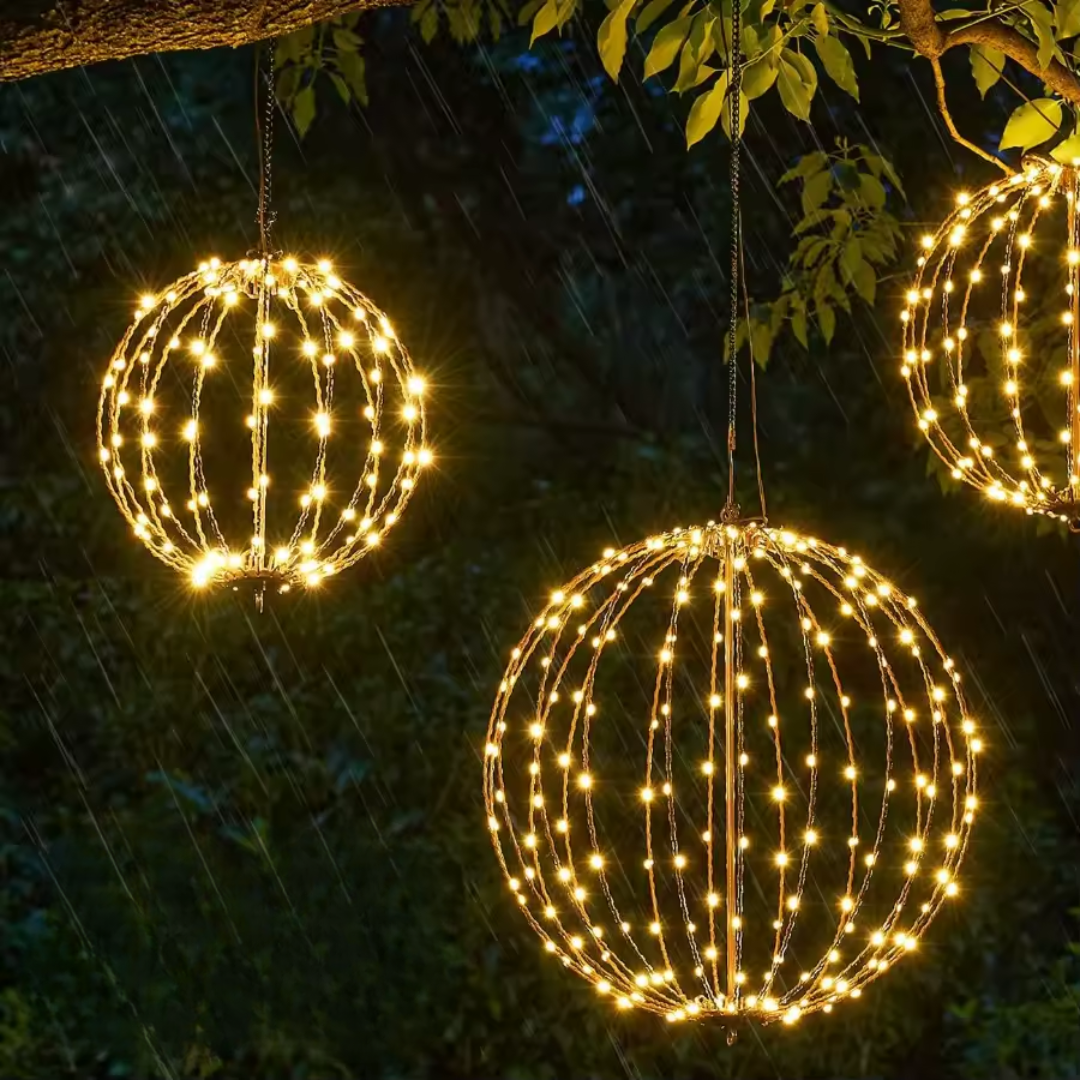 Warm white LED hanging wire sphere decorations with glowing light strands