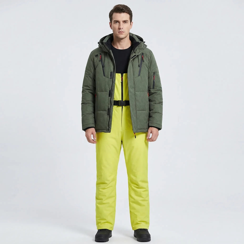 Padded ski jacket and snow pants set with dark green jacket and neon yellow pants, hooded.