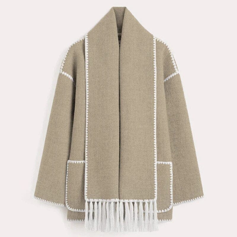 Isla Poppy Fringed Scarf Coat – Cozy Elegant Wrap Fit-Women's Winter Jacket-CAMOUFIT-Beige-S-Camoufit
