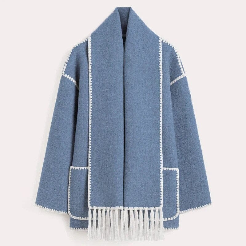 Isla Poppy Fringed Scarf Coat – Cozy Elegant Wrap Fit-Women's Winter Jacket-CAMOUFIT-Blue-S-Camoufit