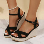 Women's Chic Wedge Sandals with Arch Support Criss-Cross Ankle Strap Open Toe Summer Shoes-Women's Heels Wedges-Black-2-