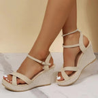 Women's Chic Wedge Sandals with Arch Support Criss-Cross Ankle Strap Open Toe Summer Shoes-Women's Heels Wedges-Beige-2-