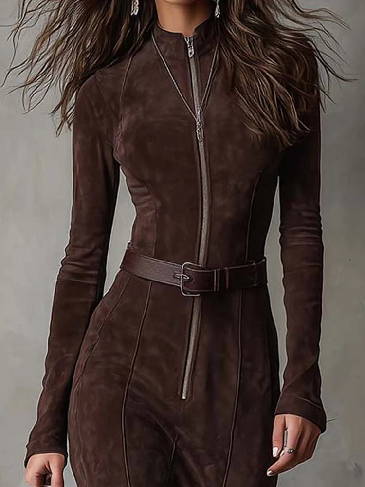 Verisse | Belted Suede Zip Dress for Women – Maxi Side Slit Elegant Fit-Dresses-Dark Brown-XS-Camoufit