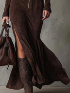 Verisse | Belted Suede Zip Dress for Women – Maxi Side Slit Elegant Fit-Dresses-Dark Brown-XS-Camoufit