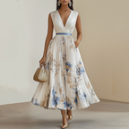 Women's Floral Plisse Ceremony Dress – Elegant Chiffon Midi Fit in Blue and White-Wedding Guest Dresses-White-S-