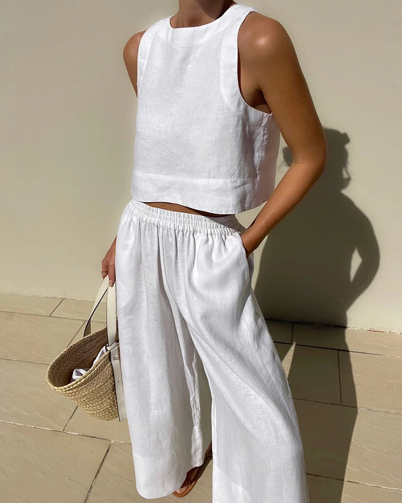 Women's Elegant Two-Piece Set with Tailored Top and Matching Bottoms Coordinated Outfit-Women's Two Piece Sets-White-S-