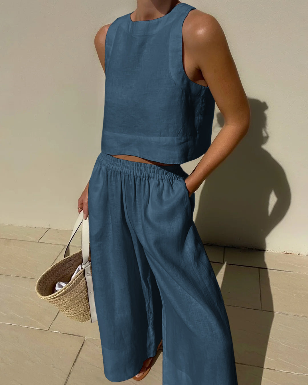 Women's Elegant Two-Piece Set with Tailored Top and Matching Bottoms Coordinated Outfit-Women's Two Piece Sets-Blue-S-