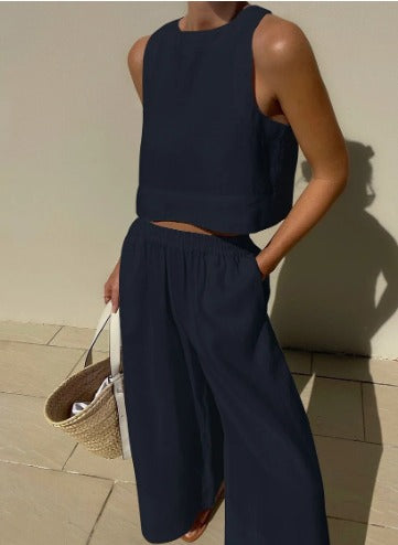 Women's Elegant Two-Piece Set with Tailored Top and Matching Bottoms Coordinated Outfit-Women's Two Piece Sets-Navy Blue-S-