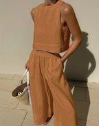 Women's Elegant Two-Piece Set with Tailored Top and Matching Bottoms Coordinated Outfit-Women's Two Piece Sets-Brown-S-