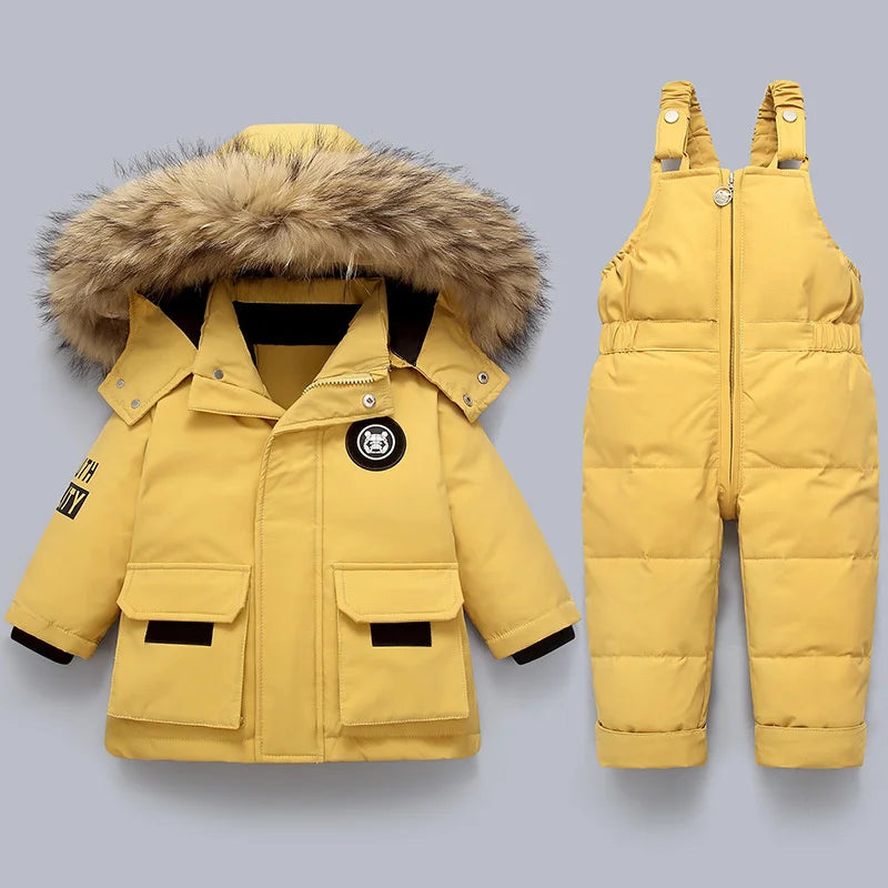 Kids yellow quilted snowsuit set with faux-fur hood jacket and bib snow pants