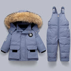 Kids blue quilted snowsuit set with faux-fur hood jacket and bib snow pants