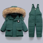 Kids green quilted snowsuit set with faux-fur hood jacket and bib snow pants