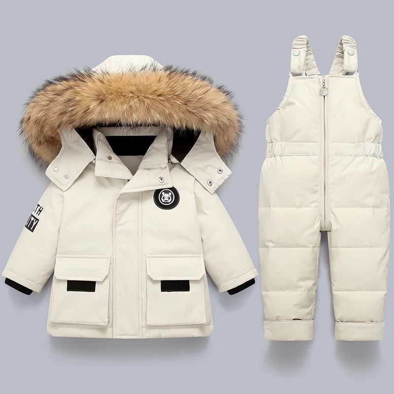 Kids off-white quilted snowsuit set with faux-fur hood jacket and bib snow pants