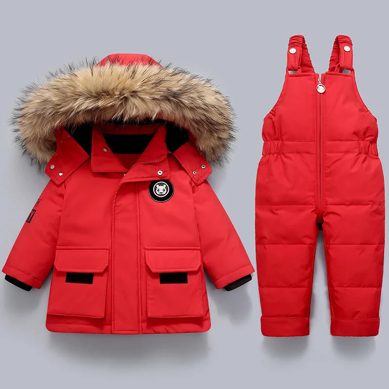 Kids red quilted snowsuit set with faux-fur hood jacket and bib snow pants