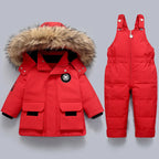 Kids red quilted snowsuit set with faux-fur hood jacket and bib snow pants