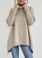 Vessia | Women's Oversized Turtleneck Skivvy Jumper Asymmetrical Hem Ribbed Sleeves Cosy Pullover-Women's Knitted Sweater-Beige-S-
