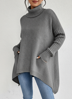 Vessia | Women's Oversized Turtleneck Skivvy Jumper Asymmetrical Hem Ribbed Sleeves Cosy Pullover-Women's Knitted Sweater-Gray-S-