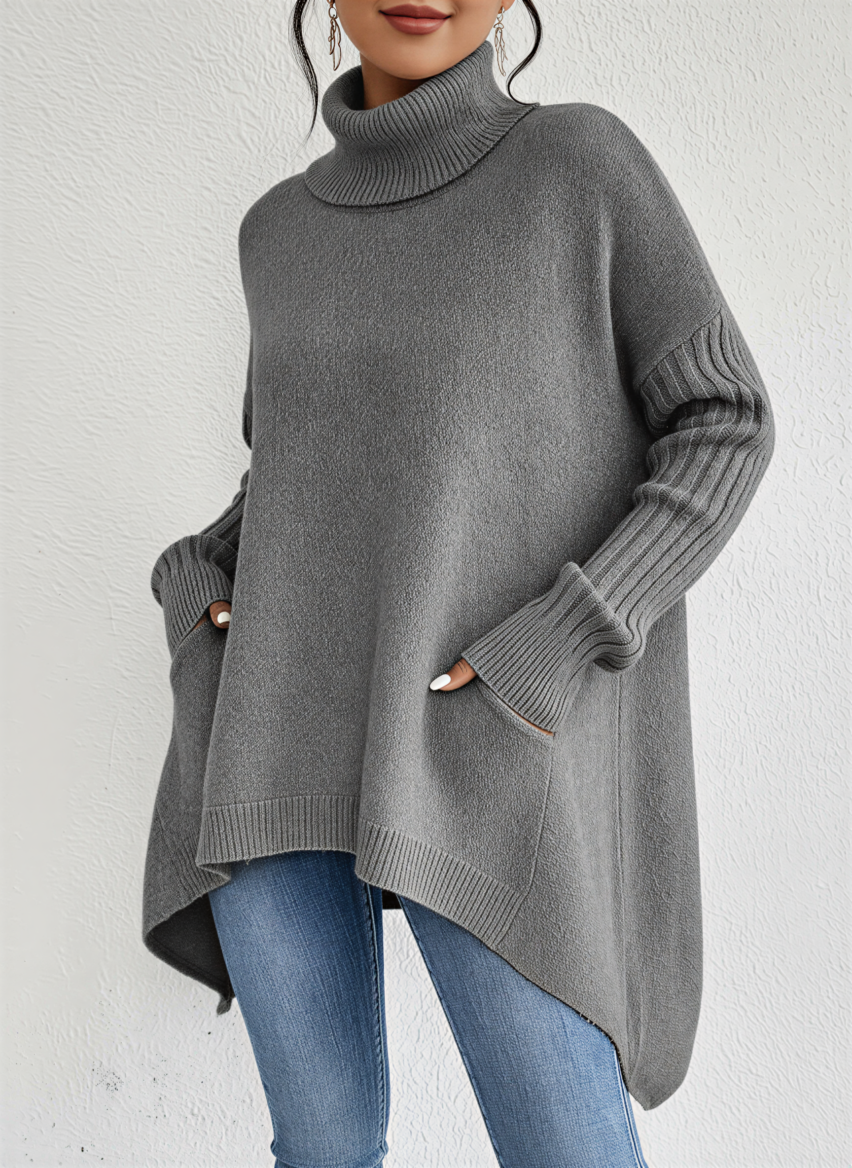 Vessia | Women's Oversized Turtleneck Skivvy Jumper Asymmetrical Hem Ribbed Sleeves Cosy Pullover-Women's Knitted Sweater-Gray-S-