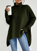 Vessia | Women's Oversized Turtleneck Skivvy Jumper Asymmetrical Hem Ribbed Sleeves Cosy Pullover-Women's Knitted Sweater-Green-S-