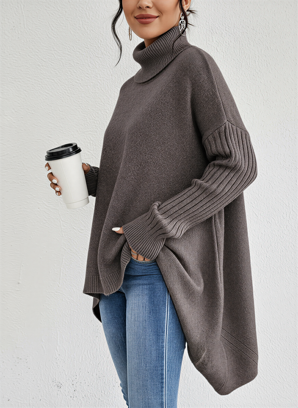 Vessia | Women's Oversized Turtleneck Skivvy Jumper Asymmetrical Hem Ribbed Sleeves Cosy Pullover-Women's Knitted Sweater-Brown-S-