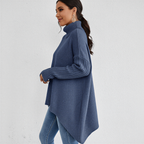 Vessia | Women's Oversized Turtleneck Skivvy Jumper Asymmetrical Hem Ribbed Sleeves Cosy Pullover-Women's Knitted Sweater-Beige-S-