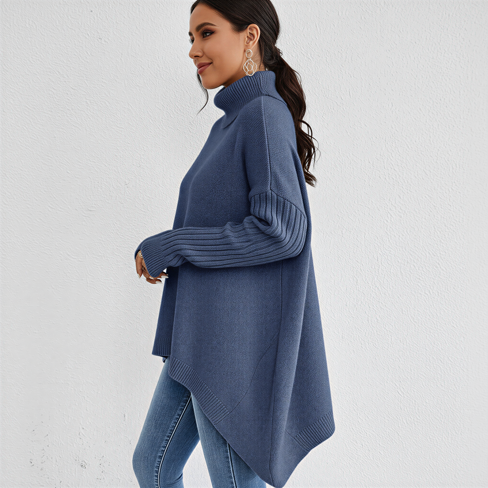 Vessia | Women's Oversized Turtleneck Skivvy Jumper Asymmetrical Hem Ribbed Sleeves Cosy Pullover-Women's Knitted Sweater-Beige-S-