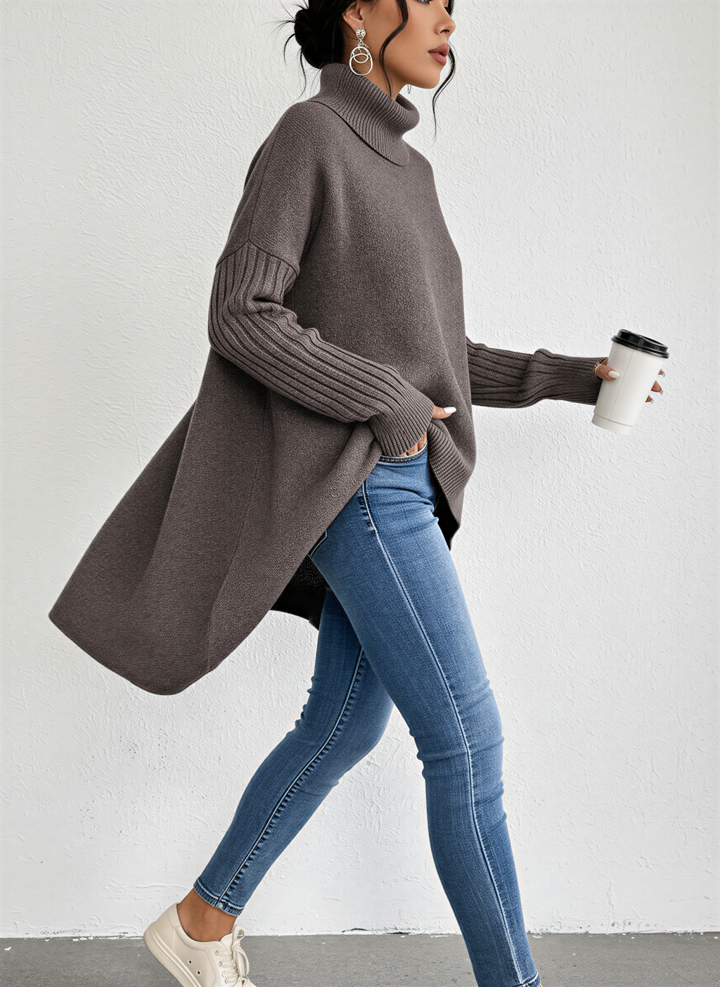 Vessia | Women's Oversized Turtleneck Skivvy Jumper Asymmetrical Hem Ribbed Sleeves Cosy Pullover-Women's Knitted Sweater-Beige-S-