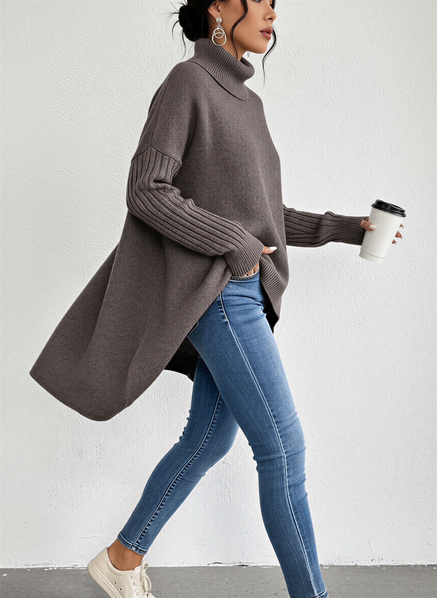 Vessia | Women's Oversized Turtleneck Skivvy Jumper Asymmetrical Hem Ribbed Sleeves Cosy Pullover-Women's Knitted Sweater-Beige-S-