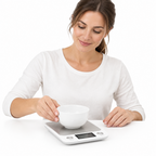 White waterproof digital kitchen scale with LCD display and buttons