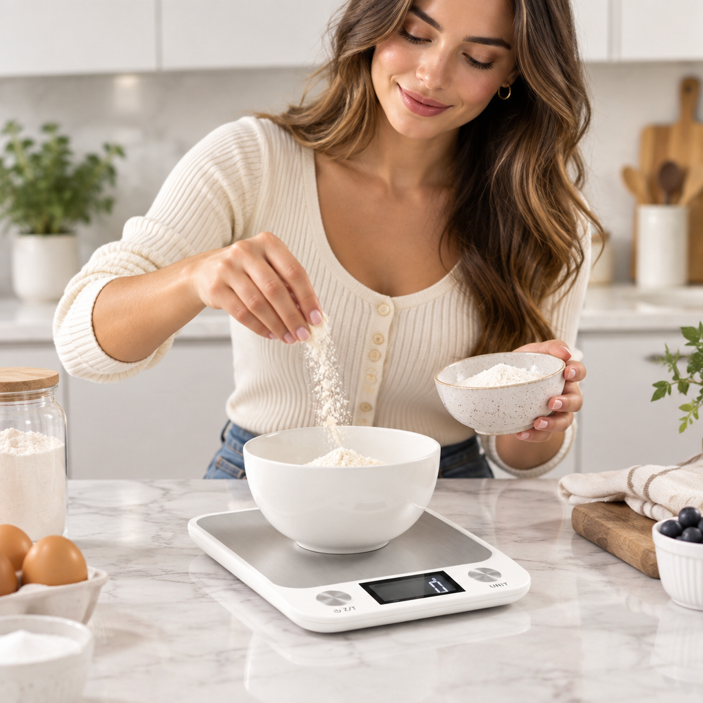 White digital kitchen scale in use with bowl of flour on top