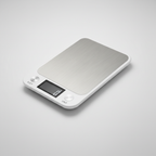 White digital kitchen scale with stainless platform and LCD display