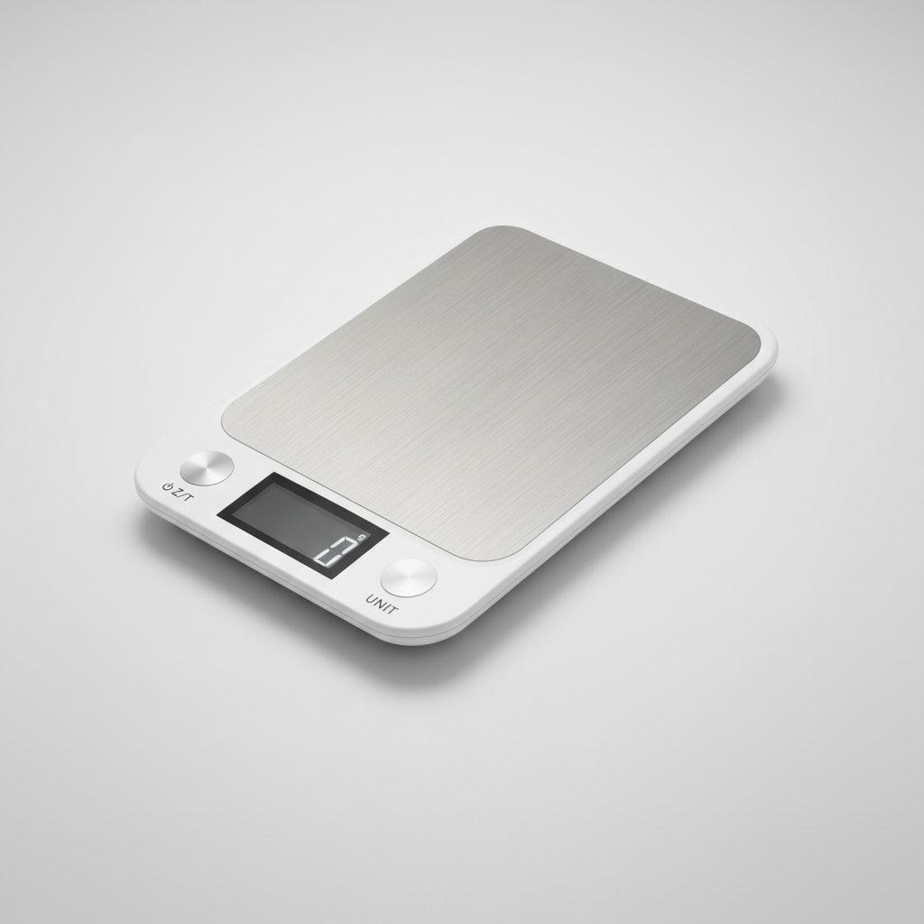 White digital kitchen scale with stainless platform and LCD display