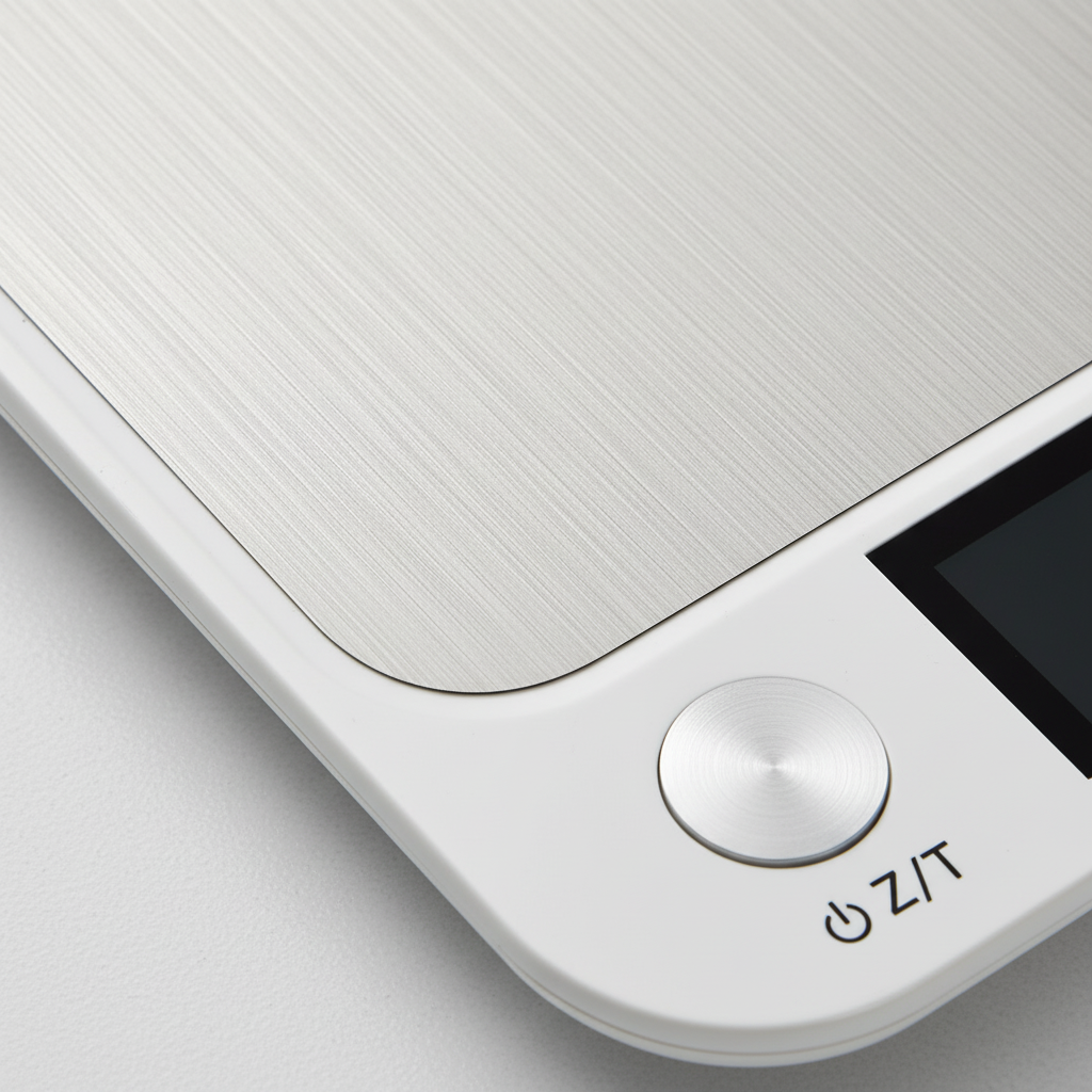 White digital scale close-up with round buttons and edge LCD display