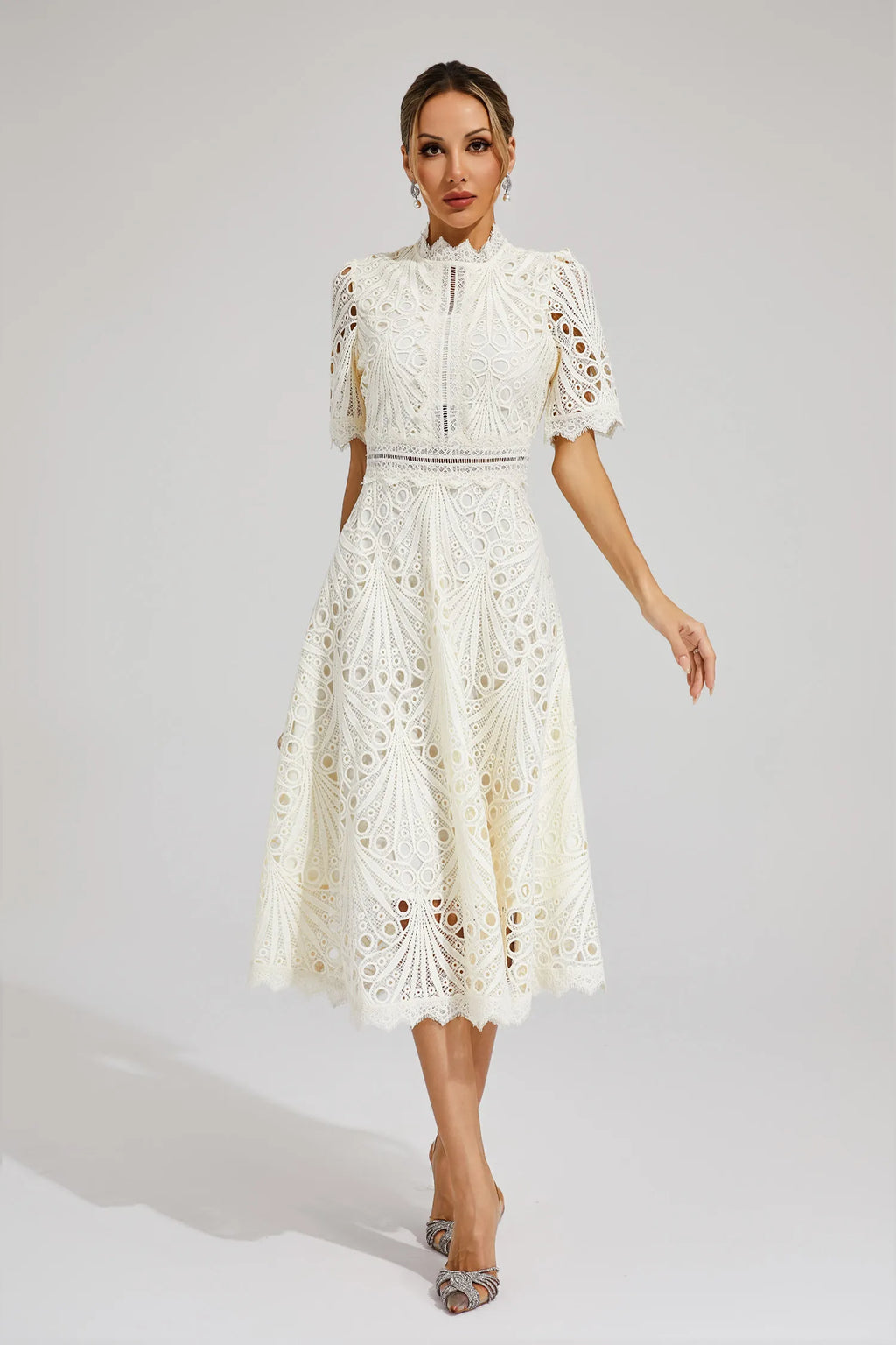 Naïra | Lace Midi Dress for Women - High Neck Short Sleeve Textured Regular Elegant Fit-Midi Dresses-White-S-Camoufit