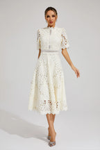 Naïra | Lace Midi Dress for Women - High Neck Short Sleeve Textured Regular Elegant Fit-Midi Dresses-White-S-Camoufit