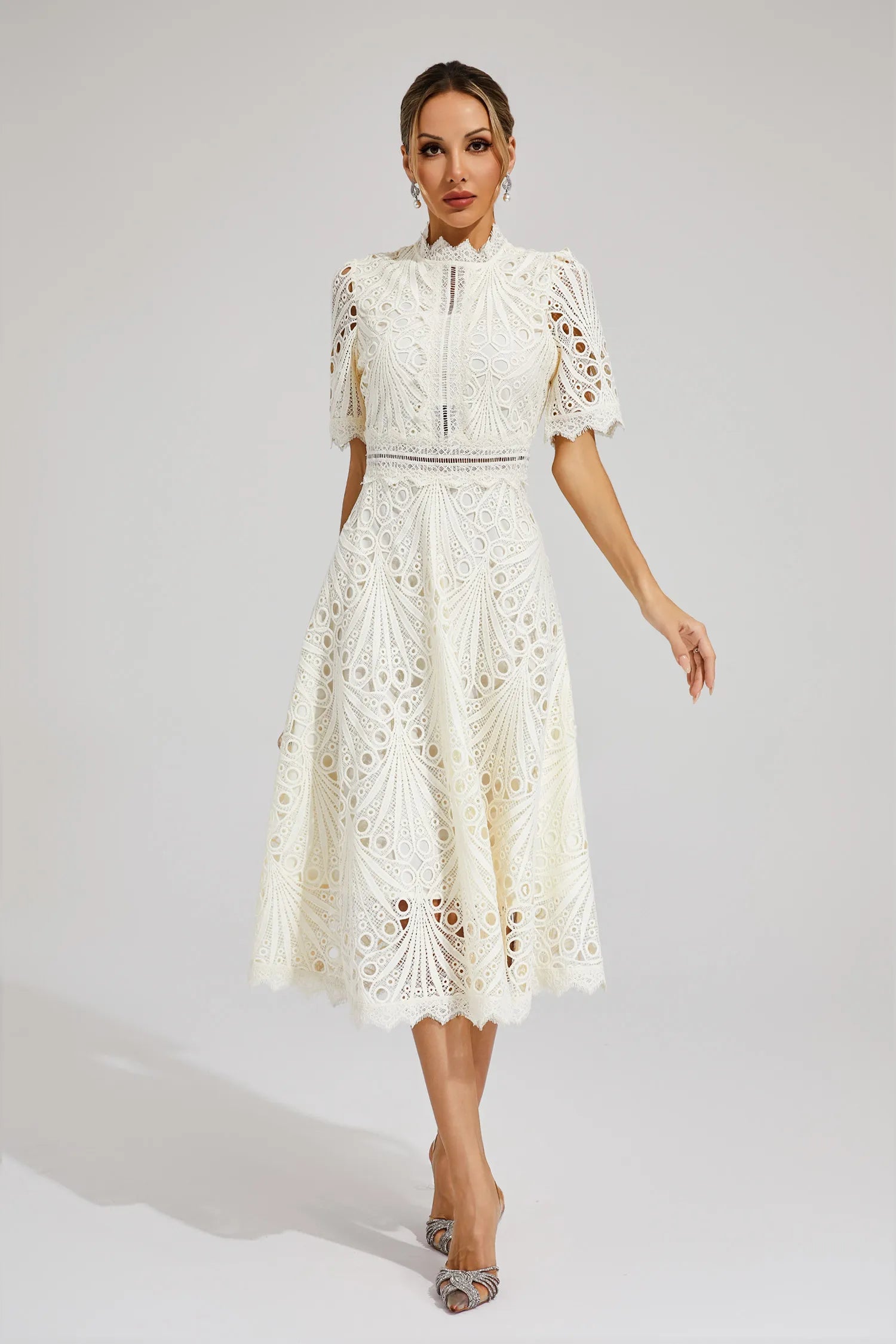 Naïra | Lace Midi Dress for Women - High Neck Short Sleeve Textured Regular Elegant Fit-Midi Dresses-White-S-Camoufit