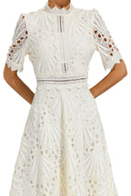 Naïra | Lace Midi Dress for Women - High Neck Short Sleeve Textured Regular Elegant Fit-Midi Dresses-Hot Pink-S-Camoufit