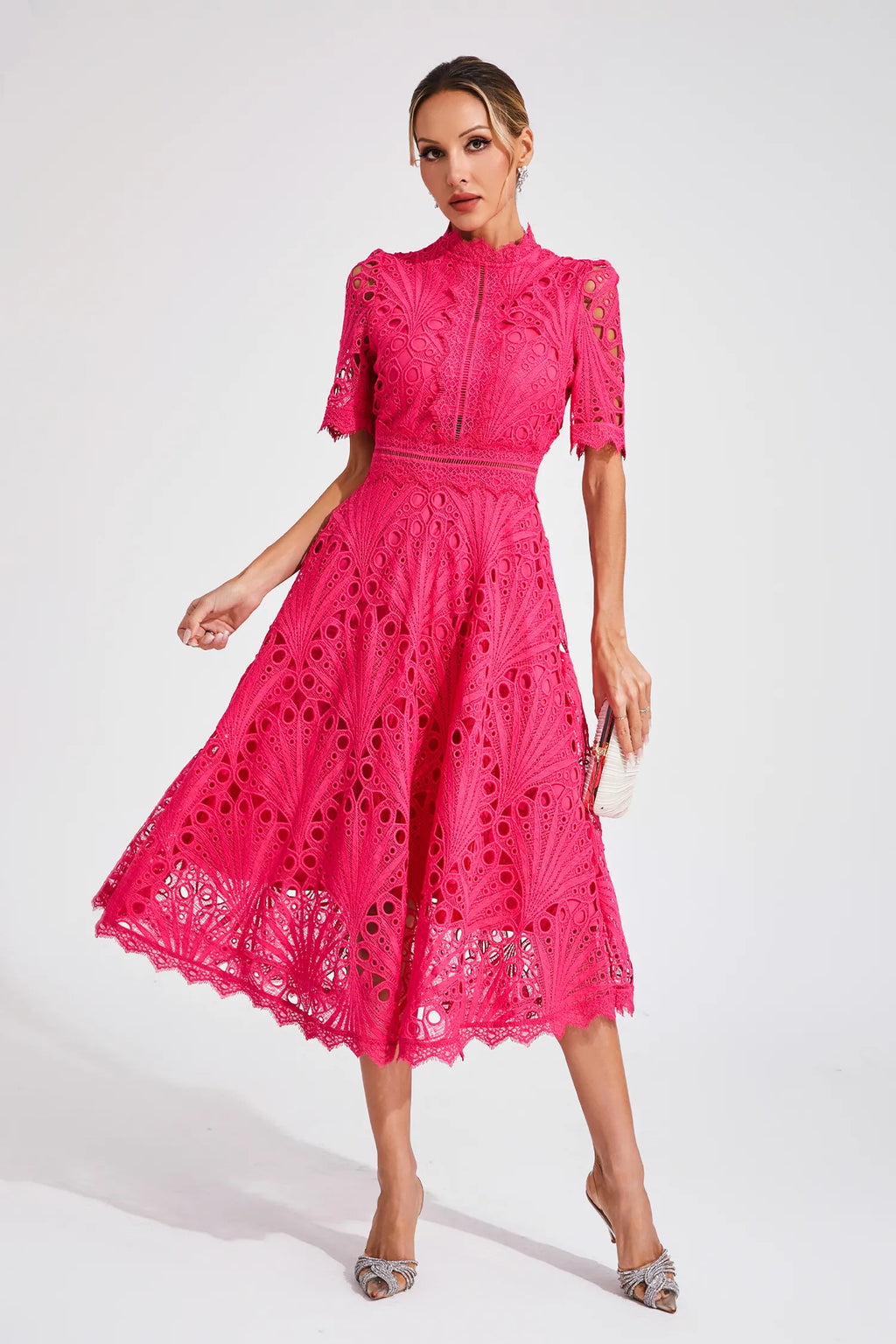 Naïra | Lace Midi Dress for Women - High Neck Short Sleeve Textured Regular Elegant Fit-Midi Dresses-Hot Pink-S-Camoufit