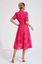 Naïra | Lace Midi Dress for Women - High Neck Short Sleeve Textured Regular Elegant Fit-Midi Dresses-Hot Pink-S-Camoufit