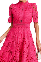 Naïra | Lace Midi Dress for Women - High Neck Short Sleeve Textured Regular Elegant Fit-Midi Dresses-Hot Pink-S-Camoufit