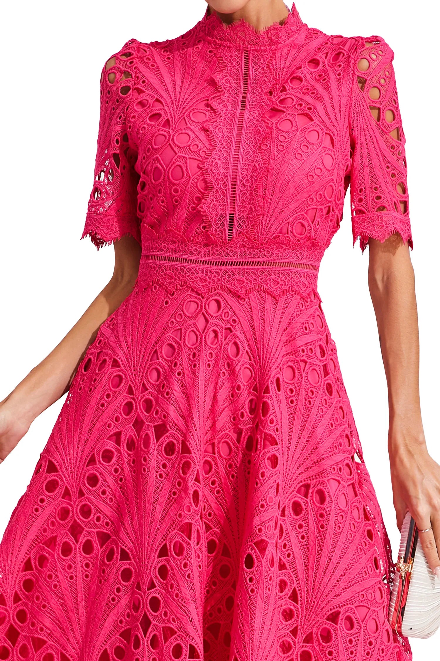 Naïra | Lace Midi Dress for Women - High Neck Short Sleeve Textured Regular Elegant Fit-Midi Dresses-Hot Pink-S-Camoufit