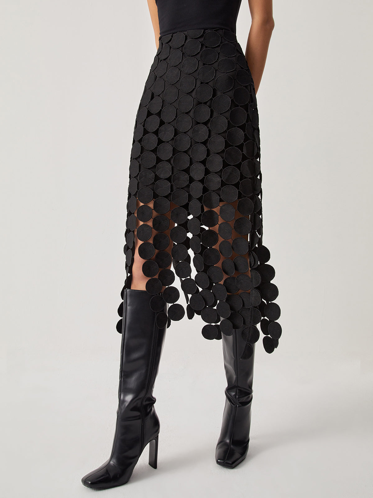 Elyra | Laser Cut Midi Skirt for Women - Black Circular Cutout Jacquard High Waist Elegant Fit-Women's Skirt-Black-XS-Camoufit