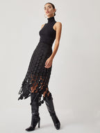Elyra | Laser Cut Midi Skirt for Women - Black Circular Cutout Jacquard High Waist Elegant Fit-Women's Skirt-Black-XS-Camoufit