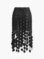 Elyra | Laser Cut Midi Skirt for Women - Black Circular Cutout Jacquard High Waist Elegant Fit-Women's Skirt-Black-XS-Camoufit