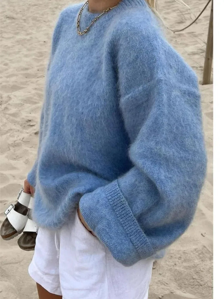 Calyra | Women's Oversized Wool Jumper Soft Fluffy Knit Relaxed Fit Cosy Ribbed Pullover-Women's Sweater-Blue-XS-